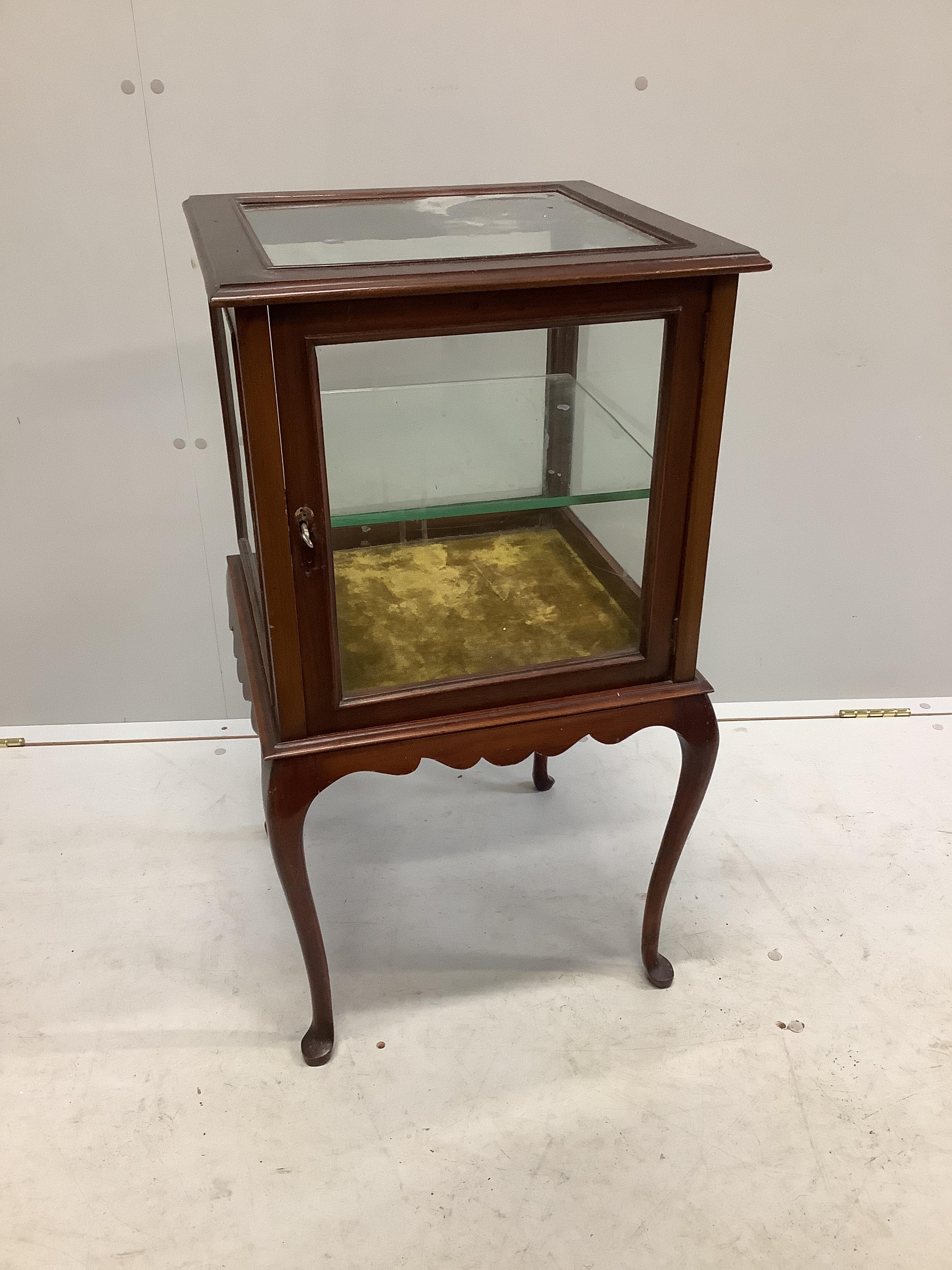 An early 20th century mahogany bijouterie cabinet, width 43cm, depth 43cm, height 82cm